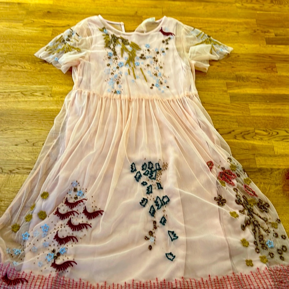 Zara Beautiful pink, sheer girls, dress with beading and embroidery detail.